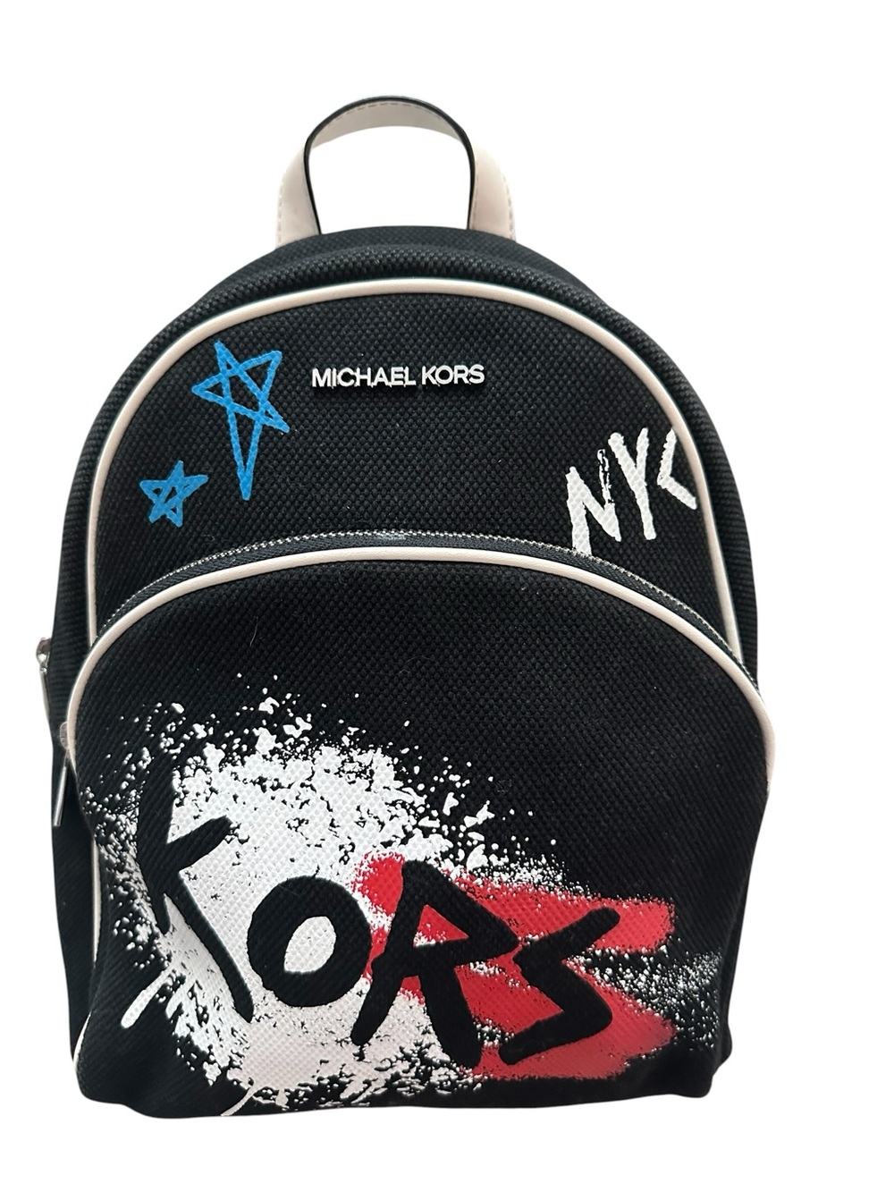 Michael Kors Abbey Small Graffiti Backpack Black White Canvas Logo Bookbag Bag - Picture 6 of 11